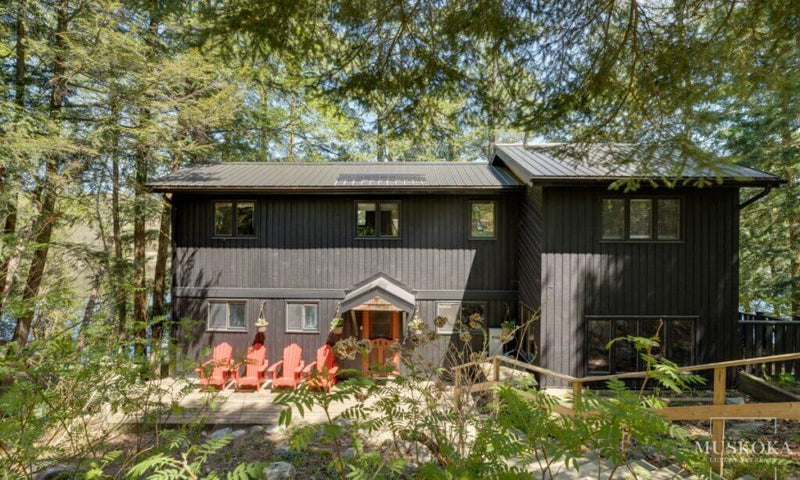 Cabin in the woods with a deck and chairs