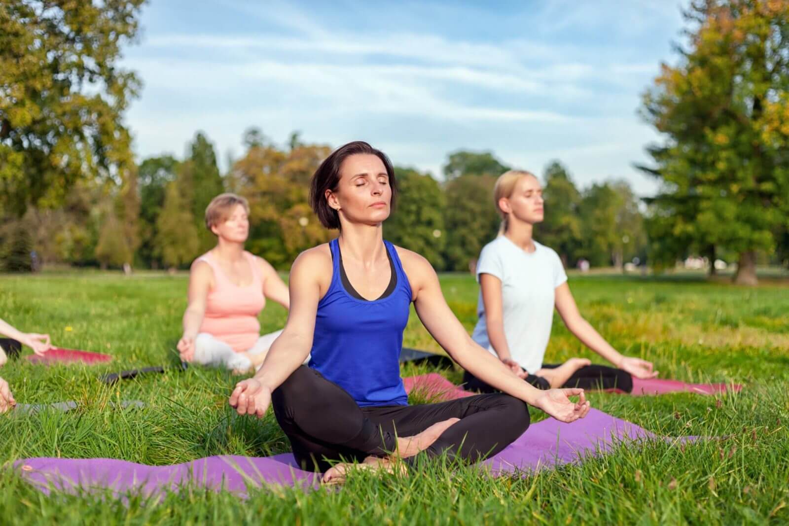 Group of people practicing yoga in a park on a sunny day